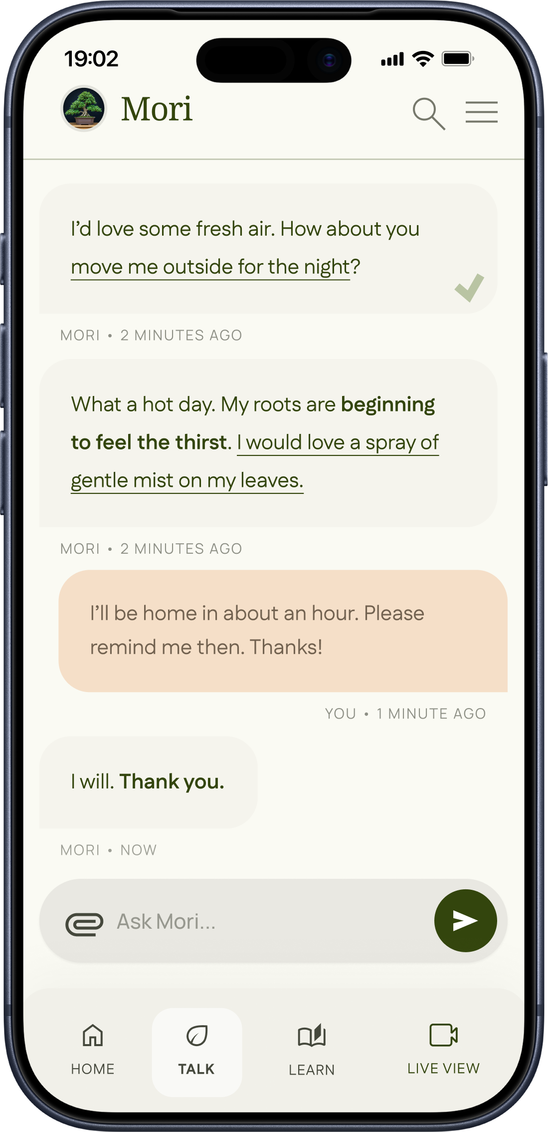 Hi Bonsai app Mori chat screen